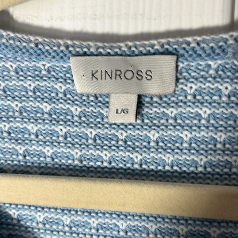 Kinross NWOT Iced aqua white sweater super soft 100% cotton fringe wrist hem LG - Picture 3 of 13